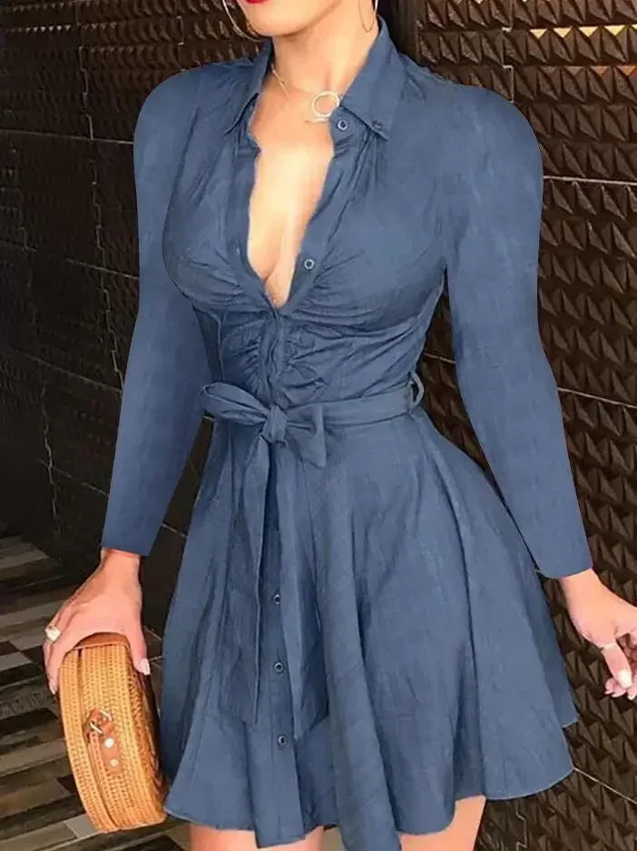 Elegant Casual Long Sleeved Dress With Buttons and Lapels