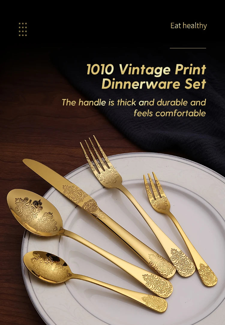 5Pcs Cutlery Set Stainless Steel Tableware Carving Golden Dinnerware