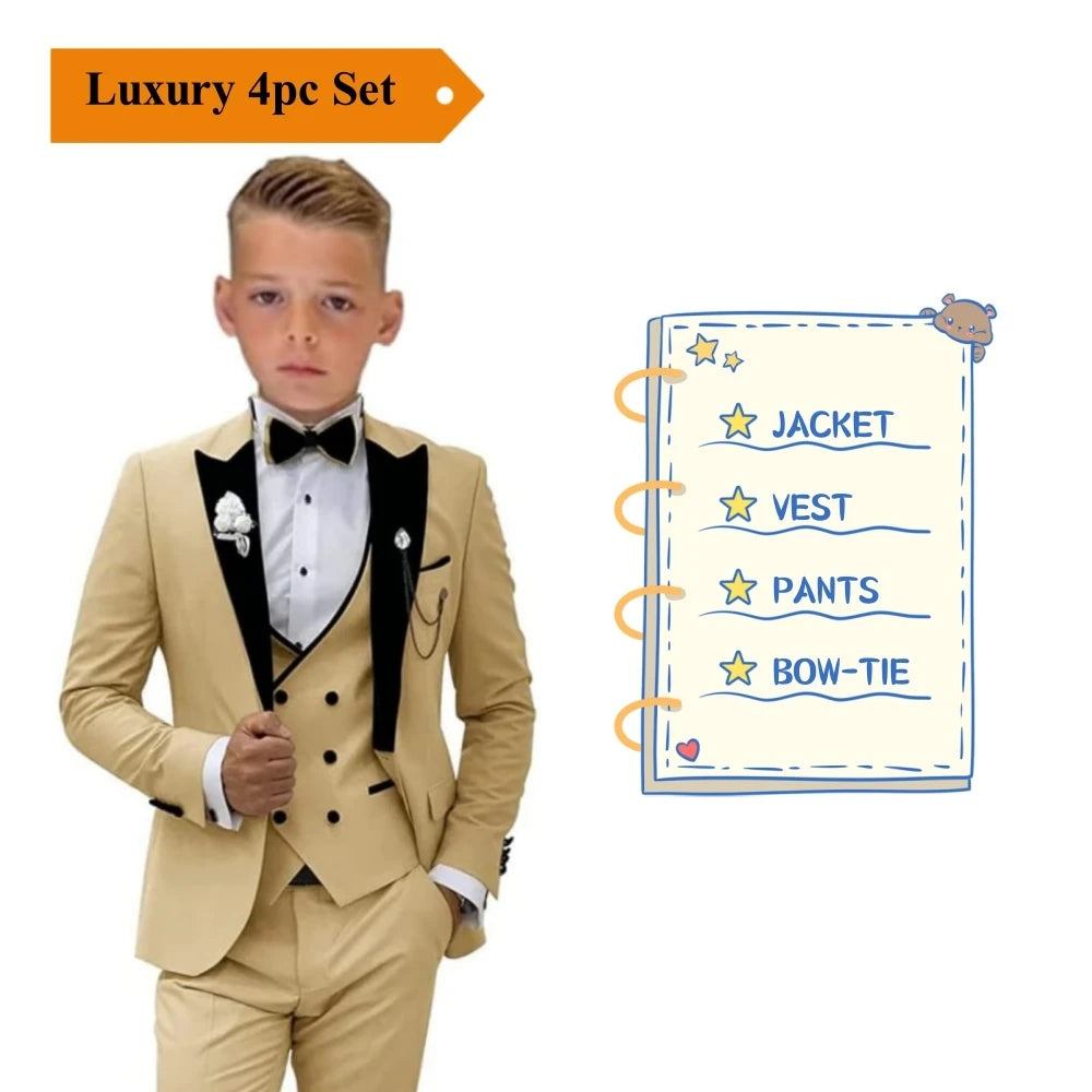 Boys Elegant Tuxedo Suit Set Blazer, Vest & Pants - 3 Pieces