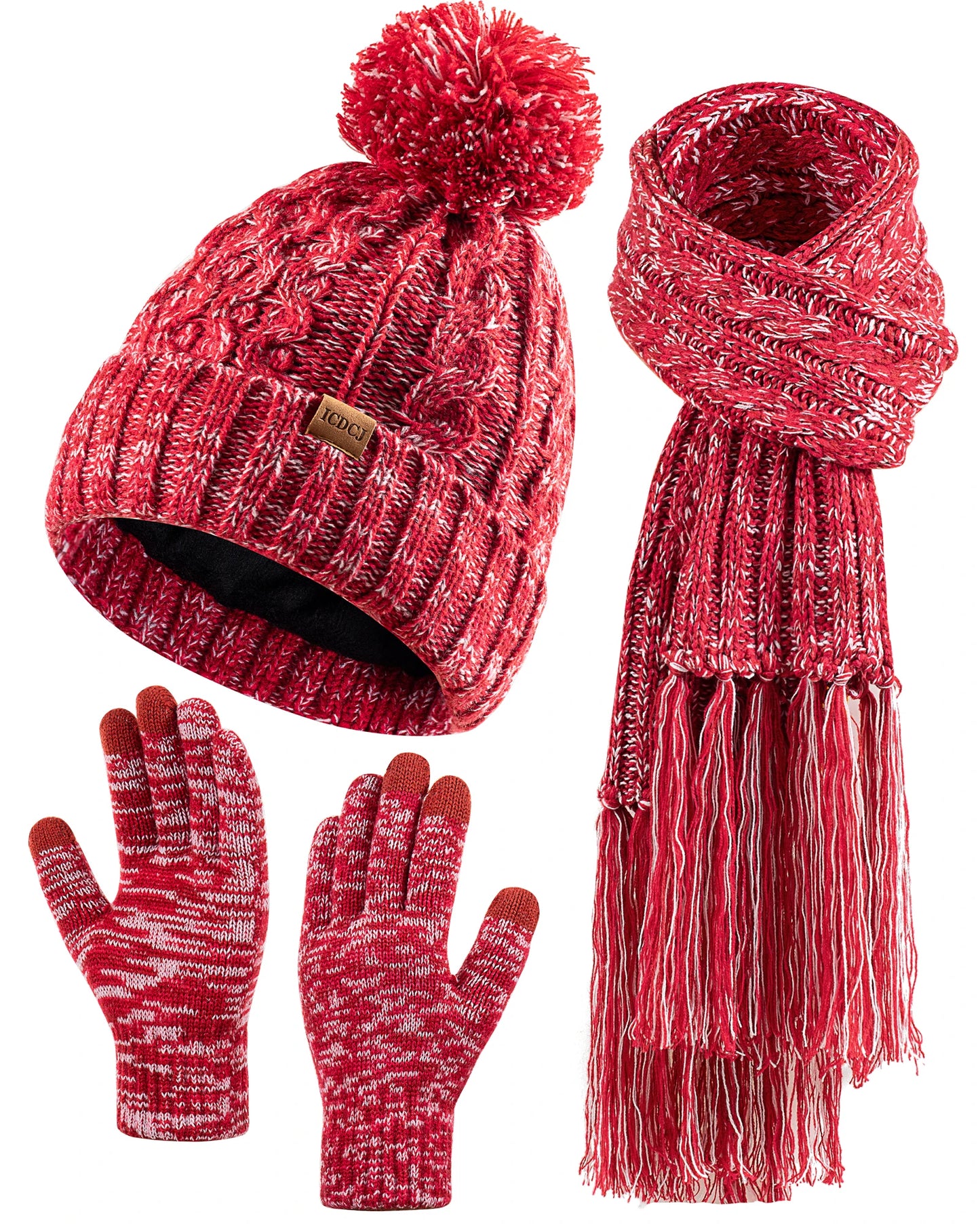 Women Winter Knit Beanie Hat+Touchscreen Gloves+Long Scarve 3 in 1 Set Gift