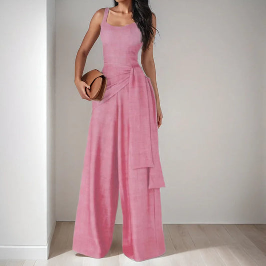Women Summer Casual Rompers Suspenders Sleeveless Tight Slim Lace-Up Wide Leg