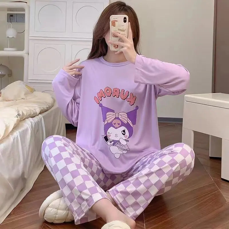 Hello Kitty 2Pcs Pajamas Set for Women Long Sleeve Tops Pants Loungewear