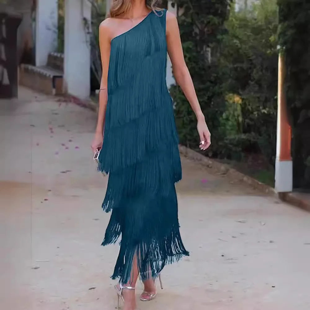 Spring and Summer Women's Fashion Fringed One Shoulder Asymmetrical Dress