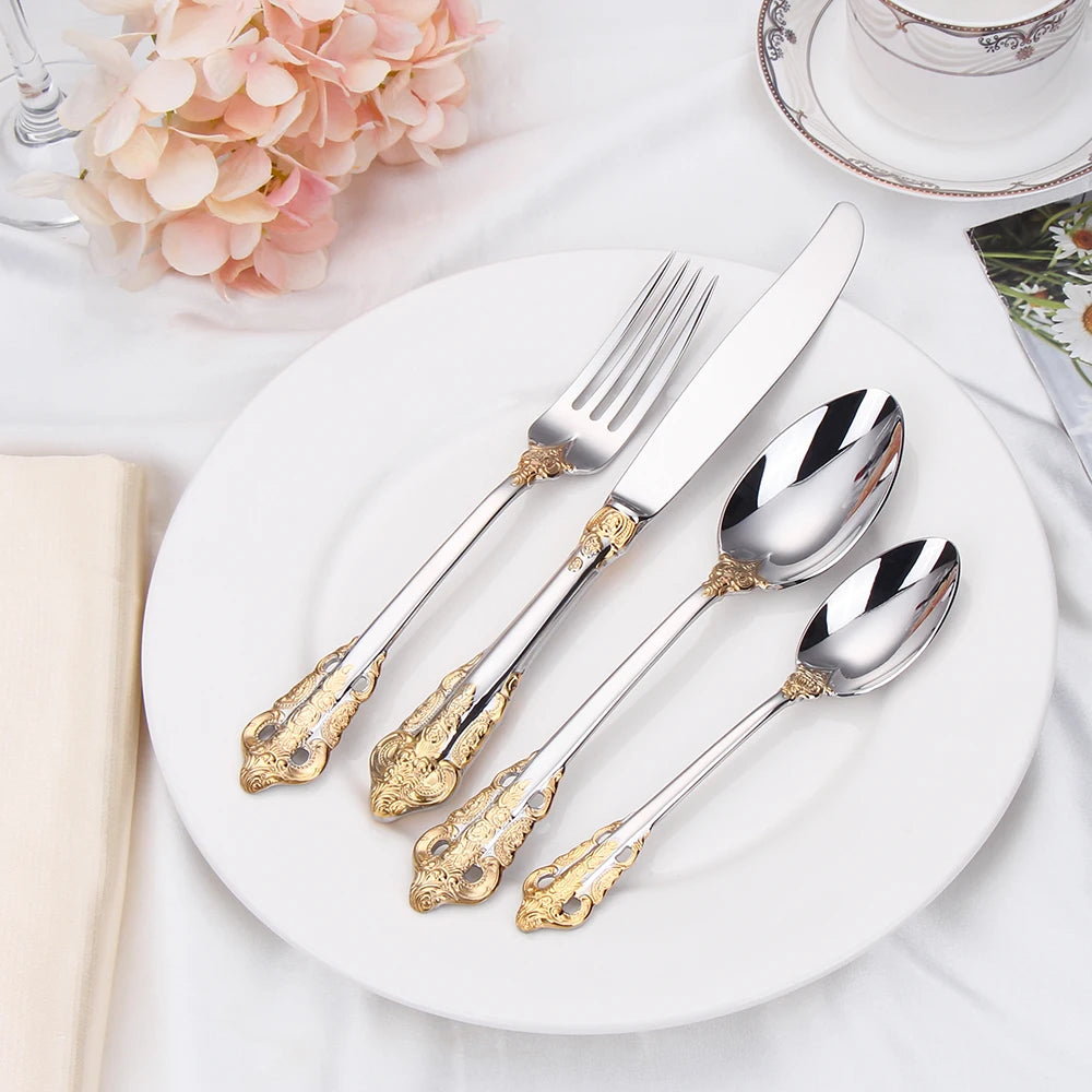 Stainless Steel Silver Flatware Set, Vintage Cutlery, Hollow Handle, Silverware for Wedding, Baroque, 18/10, Glossy Gold