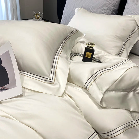 Luxury Three-line Embroidery Solid Color 1000TC Egyptian Cotton Bedding Set Duvet Cover Bed Sheet/Fitted Sheet Pillowcases 4Pcs