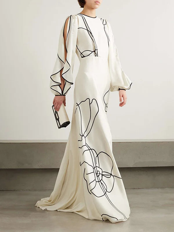 British Style Flower Printed Party Evening Dress