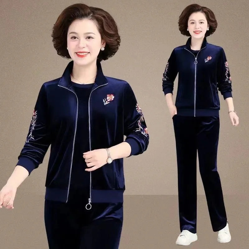 Women Spring Autumn Golden Velvet Set Casual Suit Embroidery Coat Straight Trousers 3-piece Sets