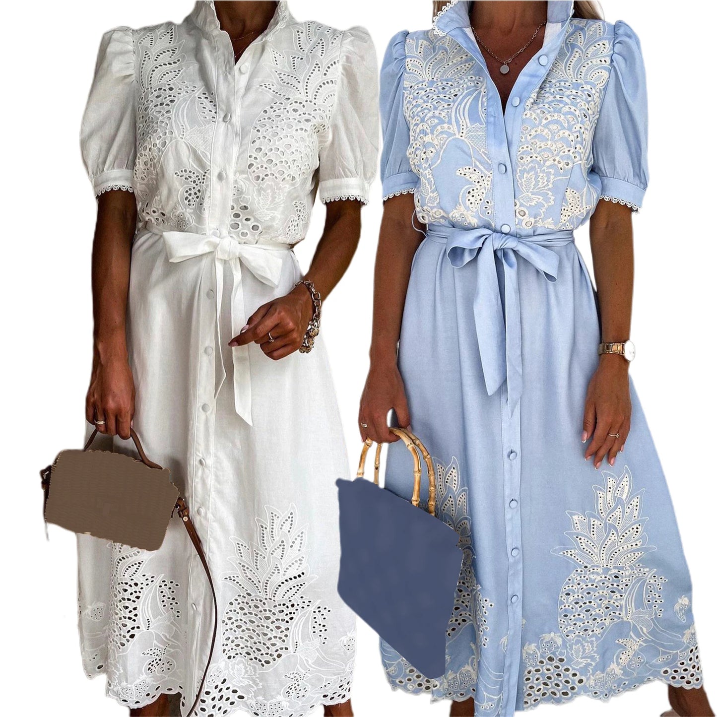 Elegant Embroidered Women Maxi Dress Chic Lapel Long Sleeve High Waist Lace Up Dresses