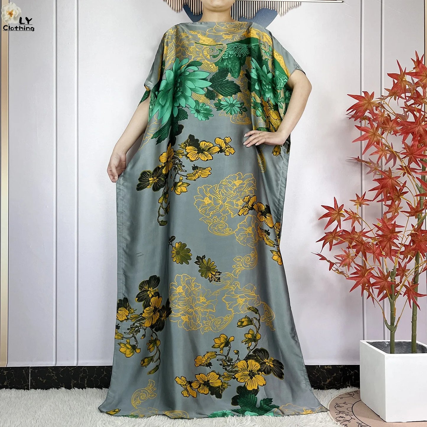 Women Printed Silk Soft Loose Maxi Party Dresses With Belt Turban