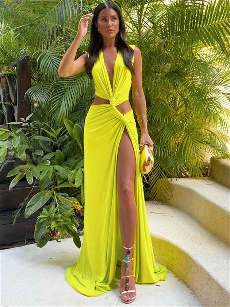 Summer Beach Sexy Maxi Dress Sexy Hollow Out Twist Knot High Split Sleeveless Deep V