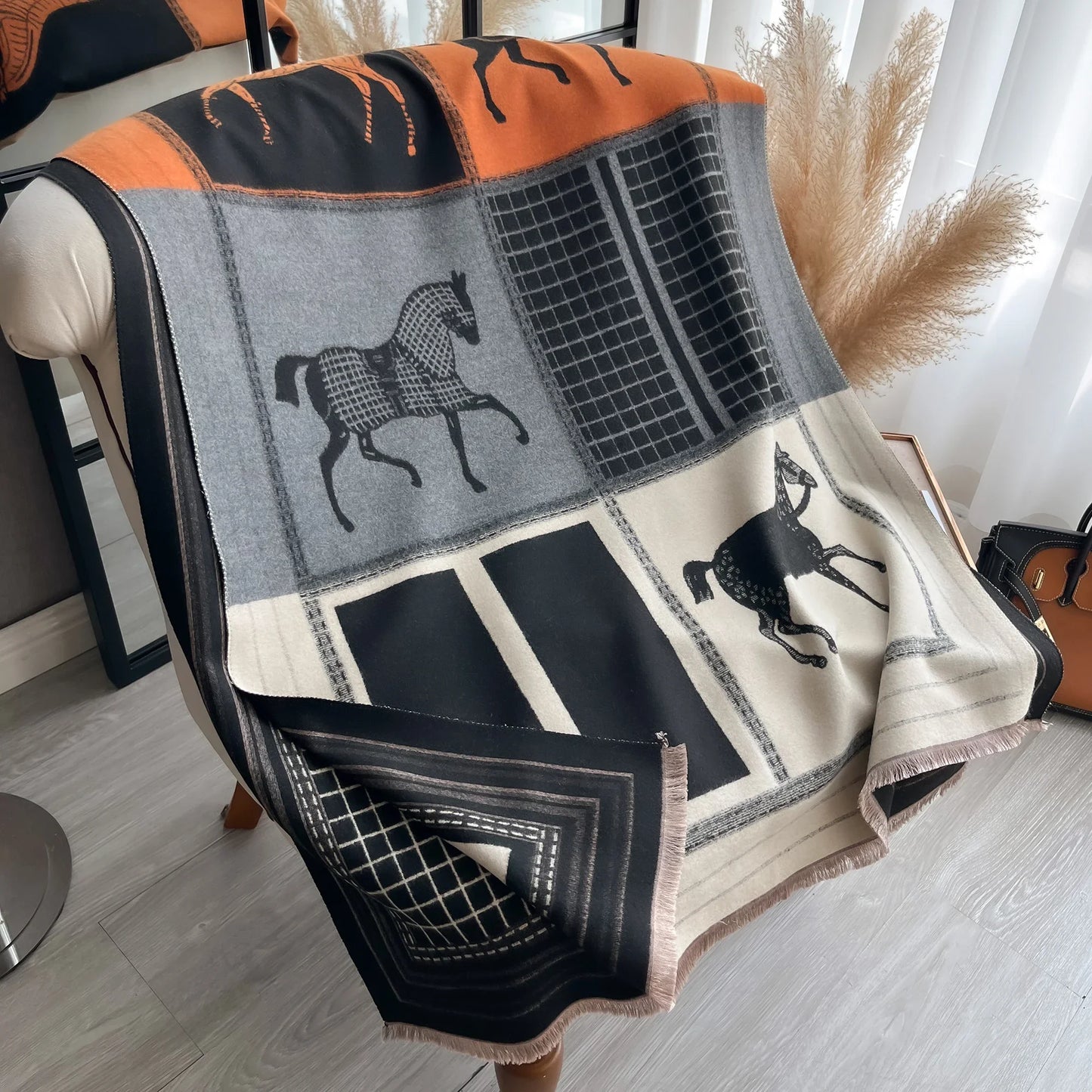 Luxury Women Thick Winter Cashmere Scarf Horse Print Warm Pashmina Poncho