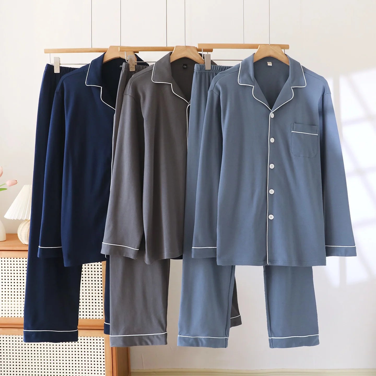 100% Cotton Men Pajamas, Thick sleepwear Long sleeved long pants Nightwear Loungewear