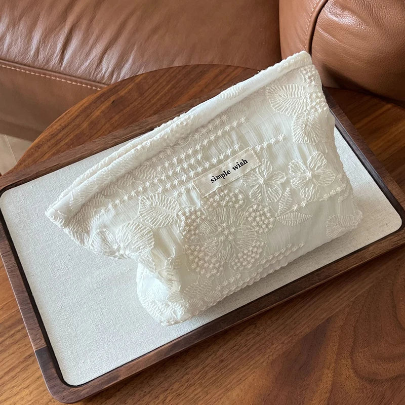 Elegant White Lace Makeup Bag Zippered Cosmetic Pouch Multi-purpose Lipstick Headphone Storage Travel