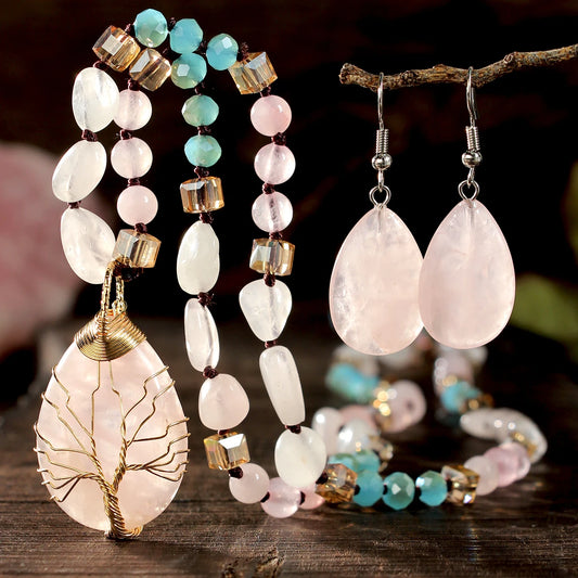 Bohemian-Style Twisted Wire Tree of Life Rose Quartz Necklace Pendant & Earrings