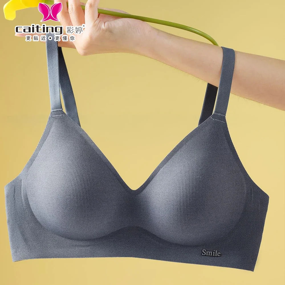 CAITING Beautiful Back Latex Cup Bra One-piece Seamless Bra Women Wireless Push Up Underwear Sexy Deep V Padded Bralette Female