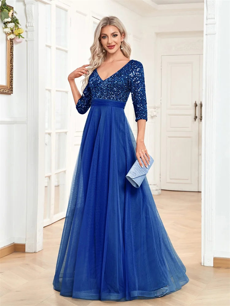 Luxury Floor Length V-Neck Evening Dress Party Maxi Dress Sequin Short Sleeves Prom Cocktail Gown