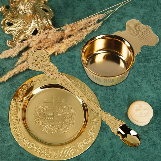 Church Product Baptismal Supplies Gold Plated Holy Grail Plate Spoon Religious Ritual Accessories Holy Water Set