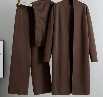 3 Piece Outfits Sweater Pullover Top & Knitted Long Cardigan & Wide Leg Pants Suits