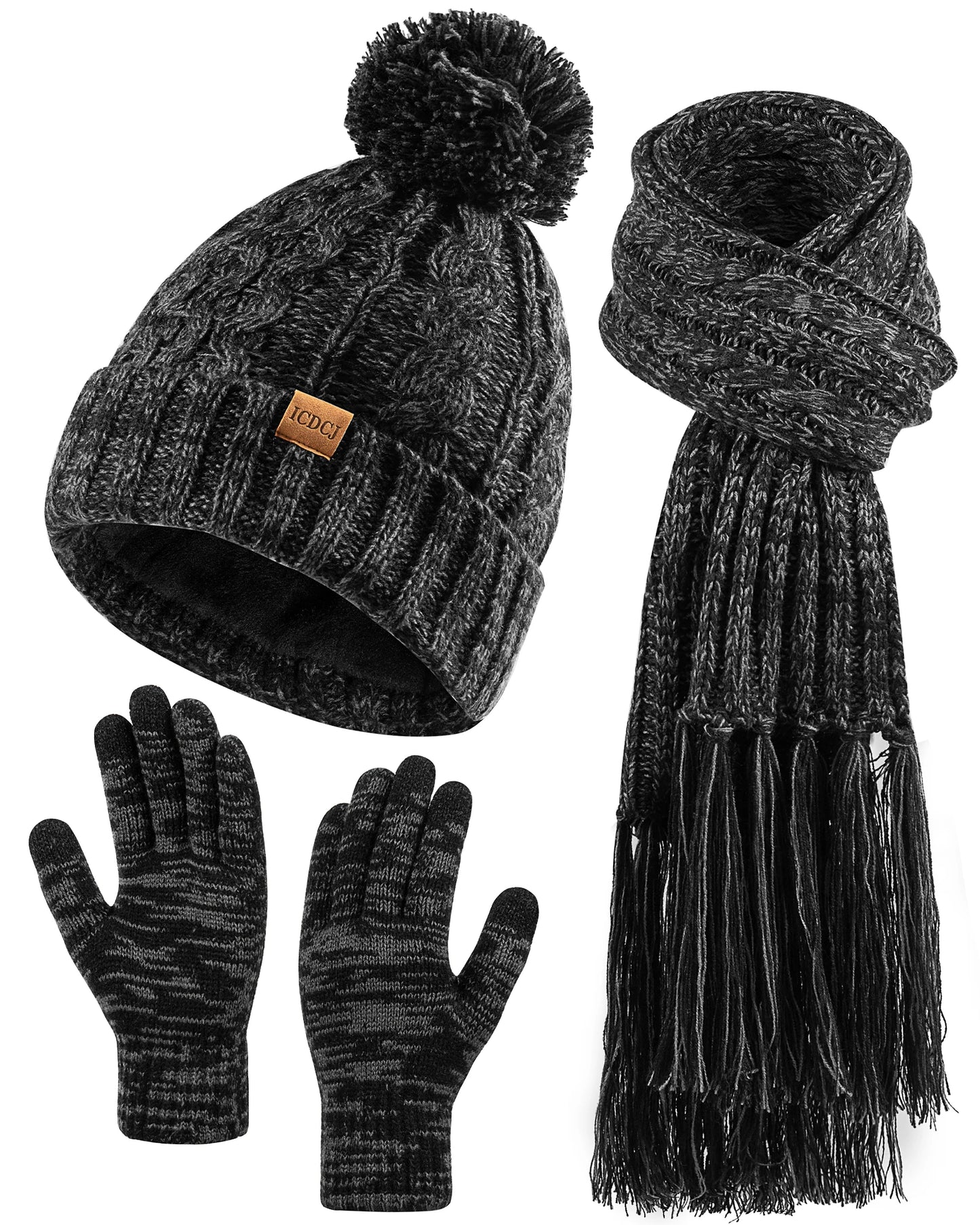 Women Winter Knit Beanie Hat+Touchscreen Gloves+Long Scarve 3 in 1 Set Gift
