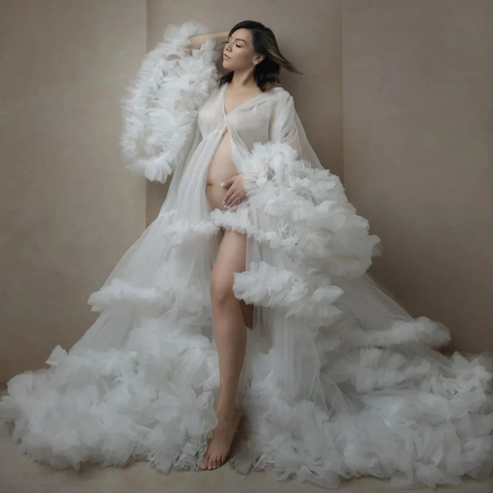 Maternity Dresses for Photoshoot Puffy Tulle Women Robe Long Sleeve Maxi Gown Wedding Anniversary Pregnancy Sleepwear Nightwear