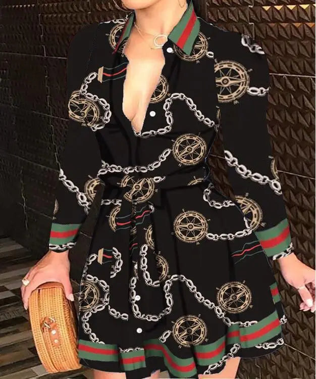 Elegant Casual Long Sleeved Dress With Buttons and Lapels