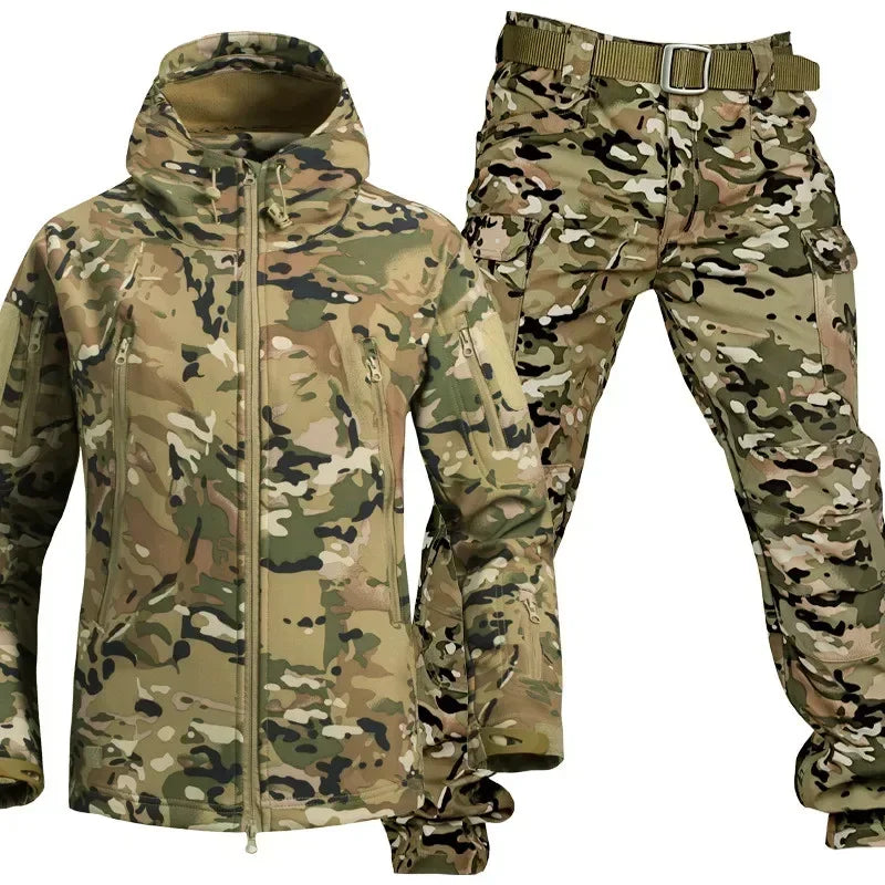 Men's Winter Thick 2 Piece Suit Hooded Jacket Fleece & Pants Waterproof Multi-pockets