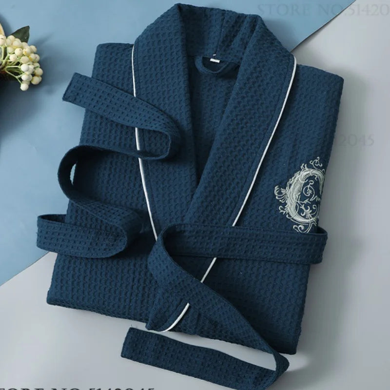 Waffle 100% Cotton Sleepwear Hotel Embroidery Kimono Bathrobe Gown
