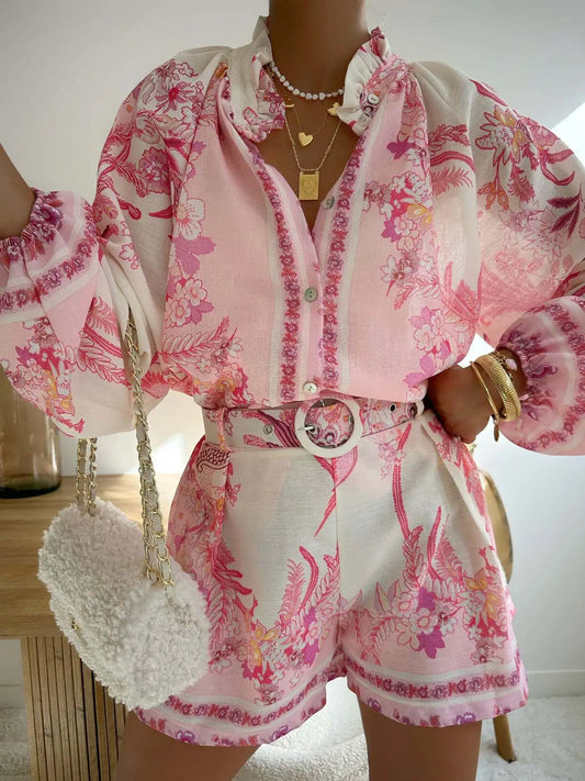 Elegant Flower Print Two Piece Set Loose High Collar Long Sleeve Button Shirt High Waist Shorts Set