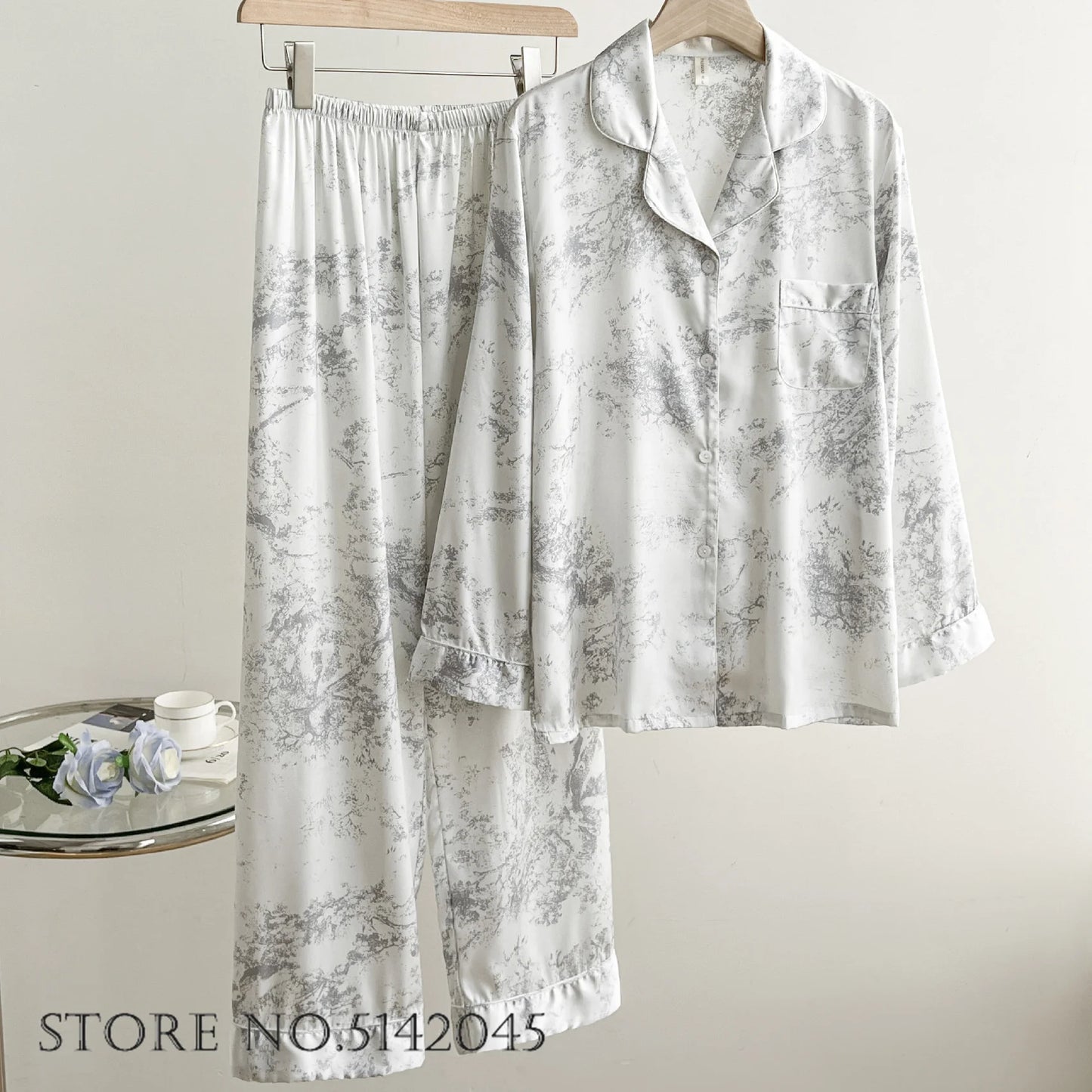Silk Satin Print Long Sleeve Pajamas Suit Women Sleepwear Set