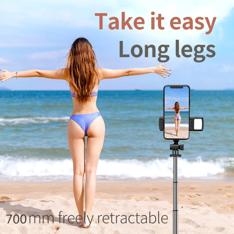 Wireless Bluetooth Selfie Stick Mobile Phone Holder Retractable Portable Mini Tripod With Fill Light Remote Shutter