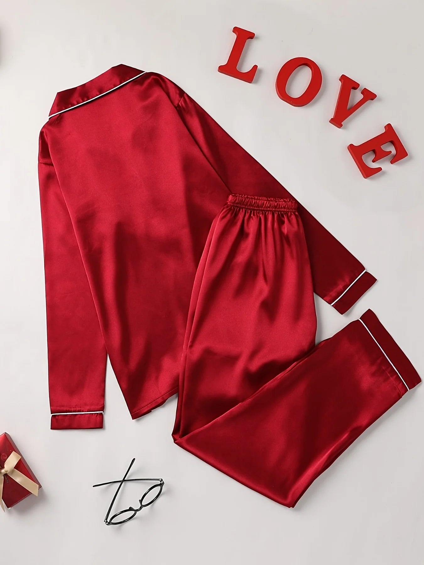 Women Solid Pajama Set Long Sleeve Button Up Lapel Top & Pants