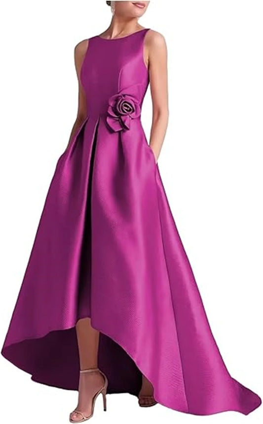 Customized High Low Satin Dresses Wedding Guest Mother of the Bride With Pocket Sleeveless Party Evening Gown