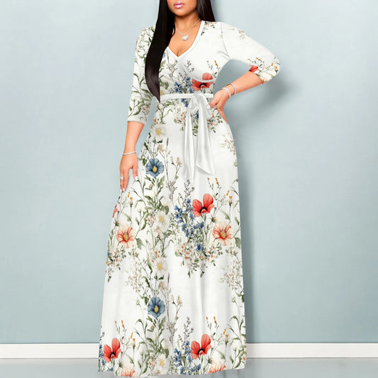 Romantic Floral V-Neck 3/4 Sleeve Wrap Maxi Dress with Belt