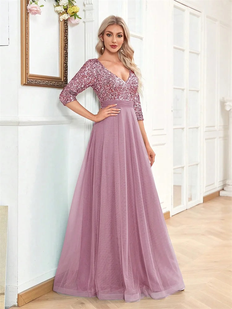 Luxury Floor Length V-Neck Evening Dress Party Maxi Dress Sequin Short Sleeves Prom Cocktail Gown