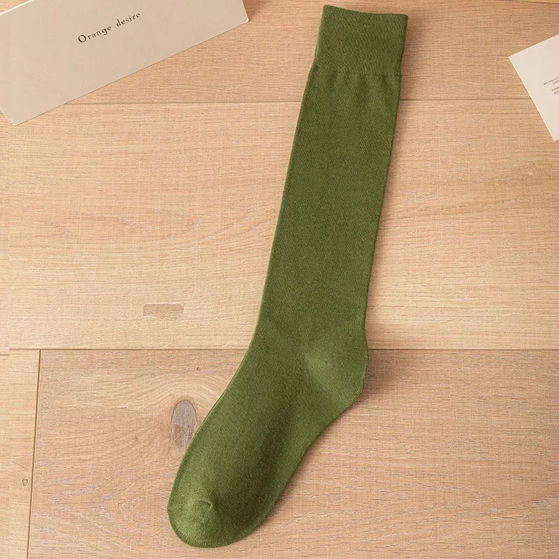 Women's Soft Cotton Knee High Long Socks Black White Solid Calf