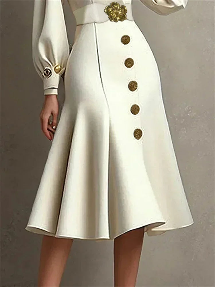 Elegant Buttoned V-Neck Pleated Formal A-line Belted Dress