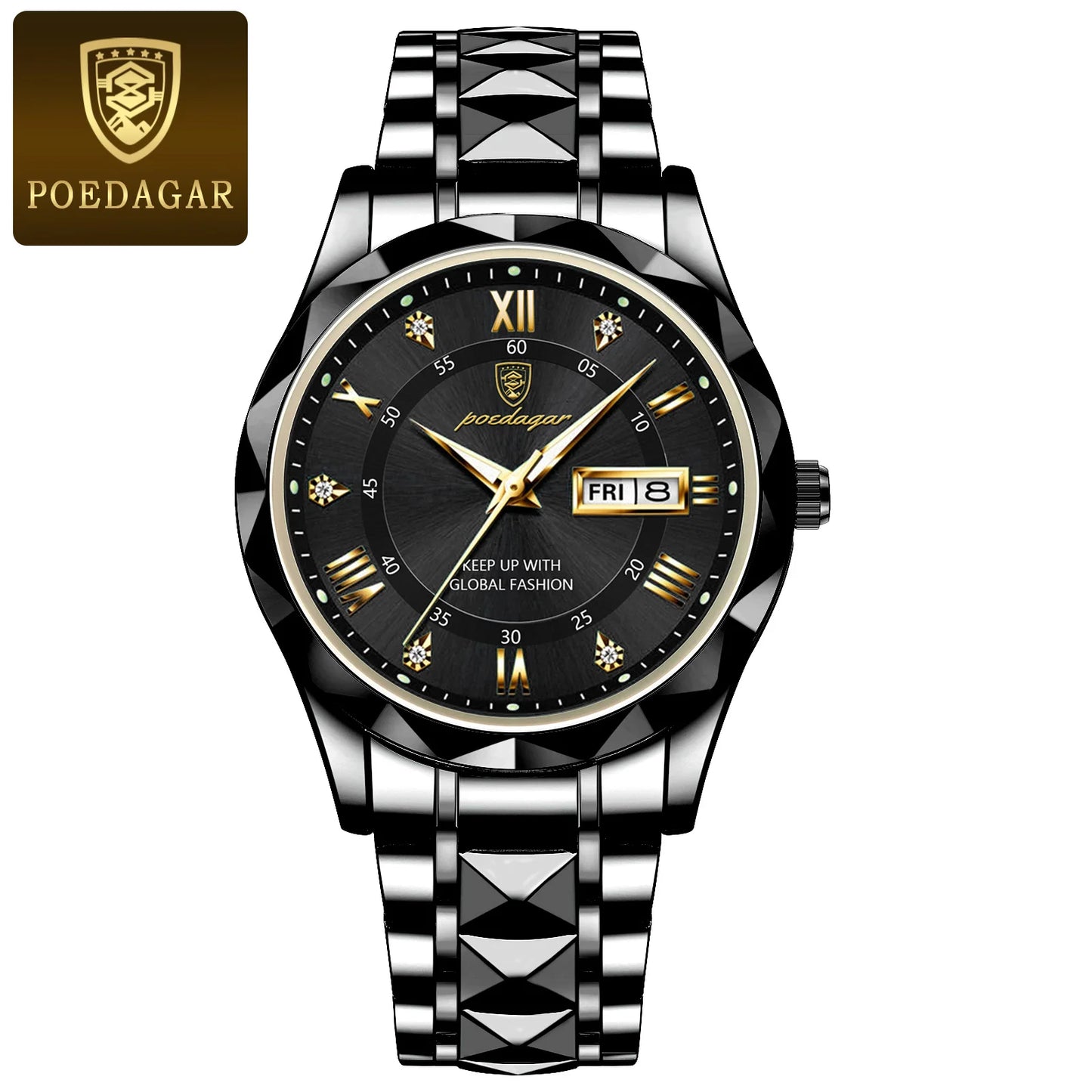 POEDAGAR Top Brand Luxury Men's Waterproof Stainless Steel Quartz Watch Luminous Calendar Week