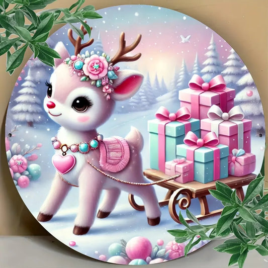 Vintage Pink Christmas Round Sign Foil Engraved Wall Art with Festive Deer, Sleigh & Holiday Gifts Design