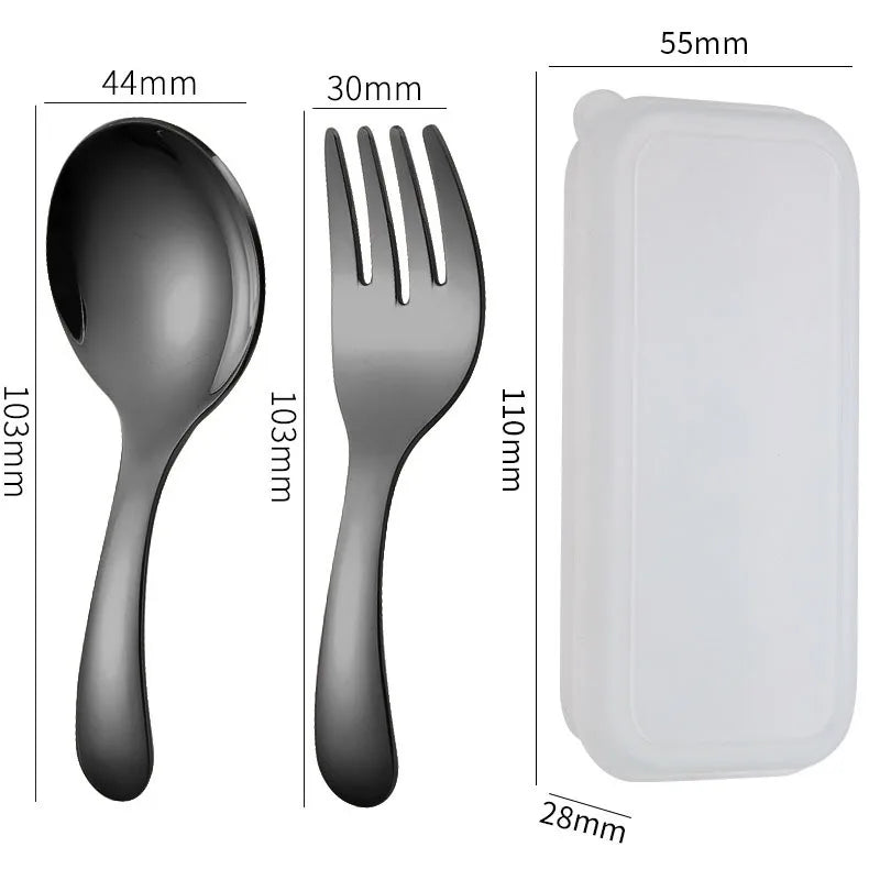 Mini Portable Stainless Steel Spoon Fork Set Storage Dessert Fruit Tool for Work School Short Handle Tableware Suitable for Kids