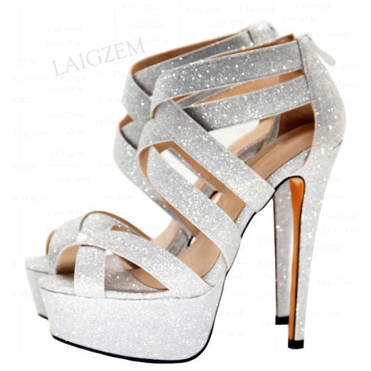 Women Platform Sandals Open Toe Bling Glitter Back Zip Up Party Sandal Pumps Shoes Big Size 34 41 45 47