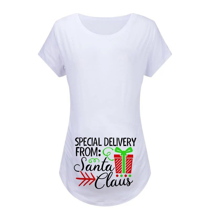 Christmas Women's Maternity T-shirt Santa Baby Printed Pregnant Women T-shirt Pregnancy Casual Short Sleeve White Clothes