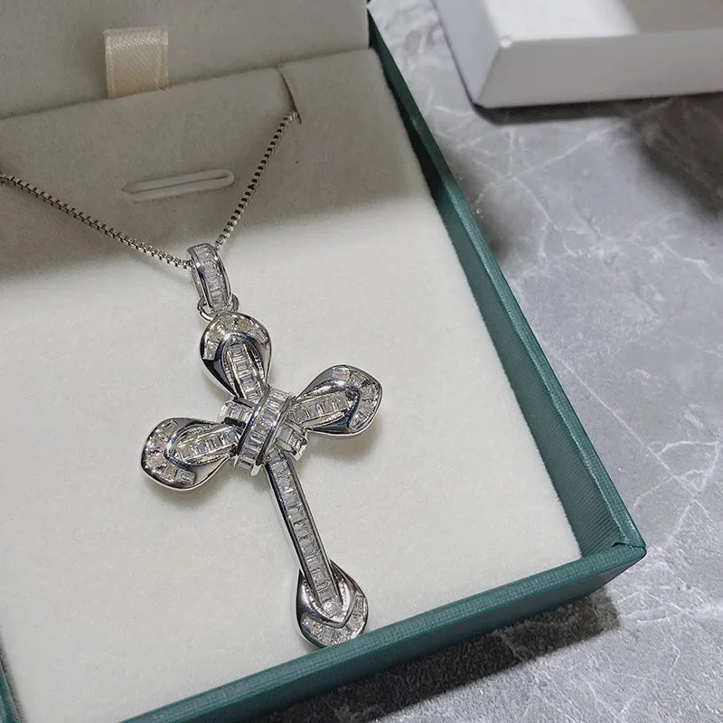 MDL Moissanite Style Cross Gemstone Sparkling Pendant Gold Plated Micro Zirconia Diamonds Hundred Fashion Faith Necklace