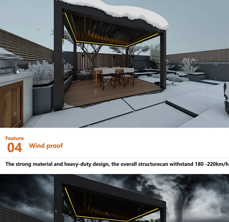 Aluminum pergola, rainproof, electrically adjustable gazebo, electric louvered awning, outdoor patio sunshade.