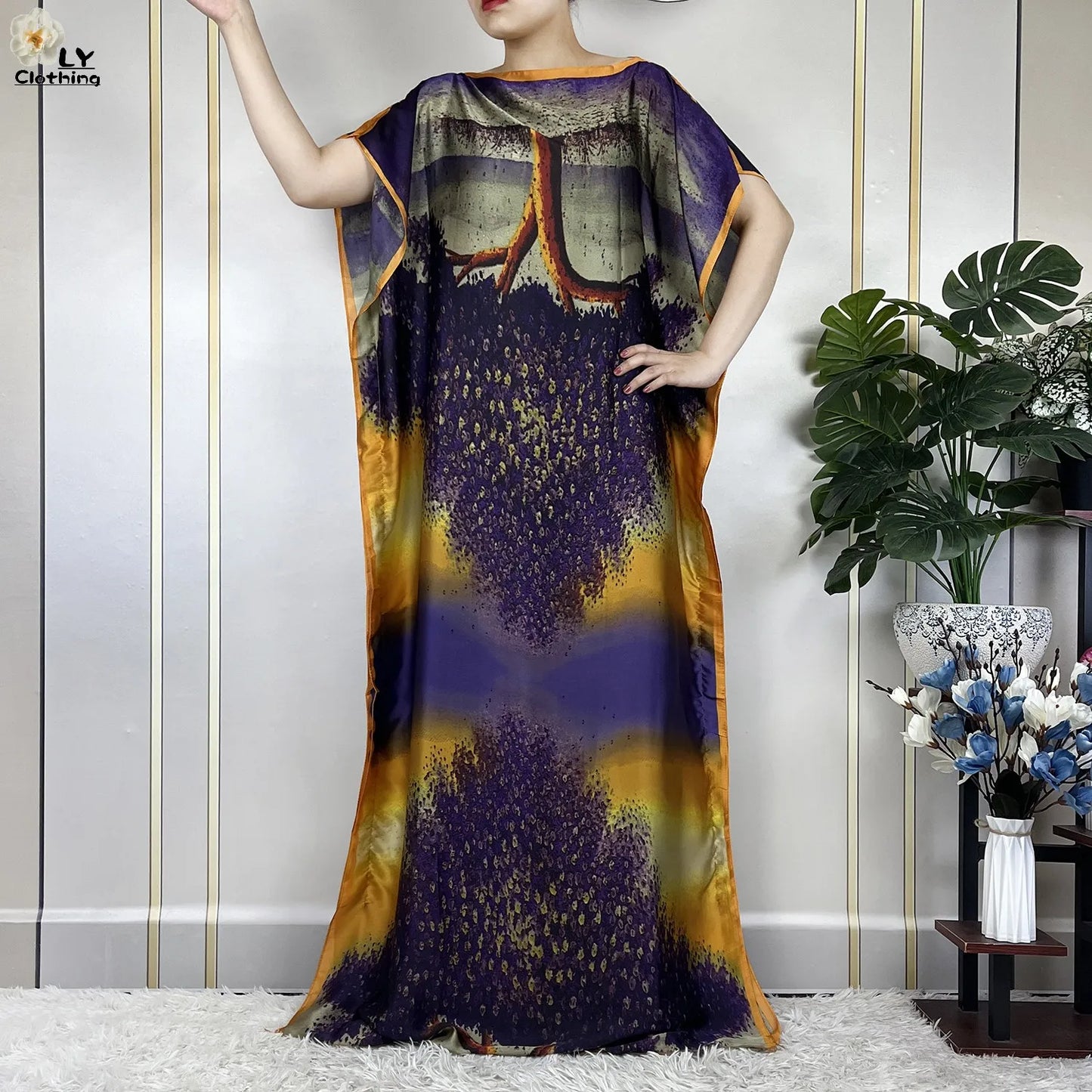 Women Printed Silk Soft Loose Maxi Party Dresses With Belt Turban