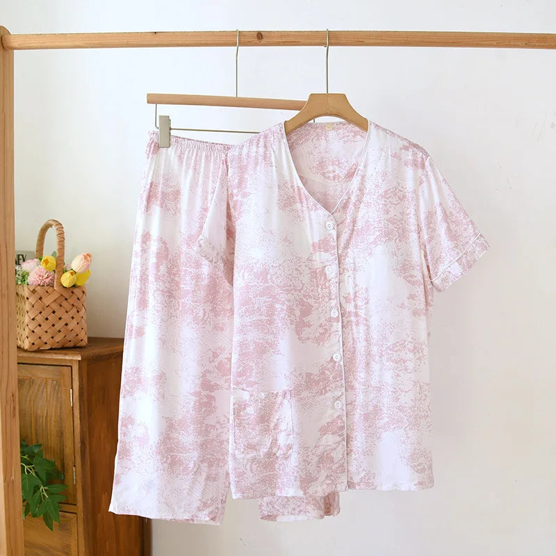Thin Summer Floral Woman Pajama Sets Nightwear Top and Pants
