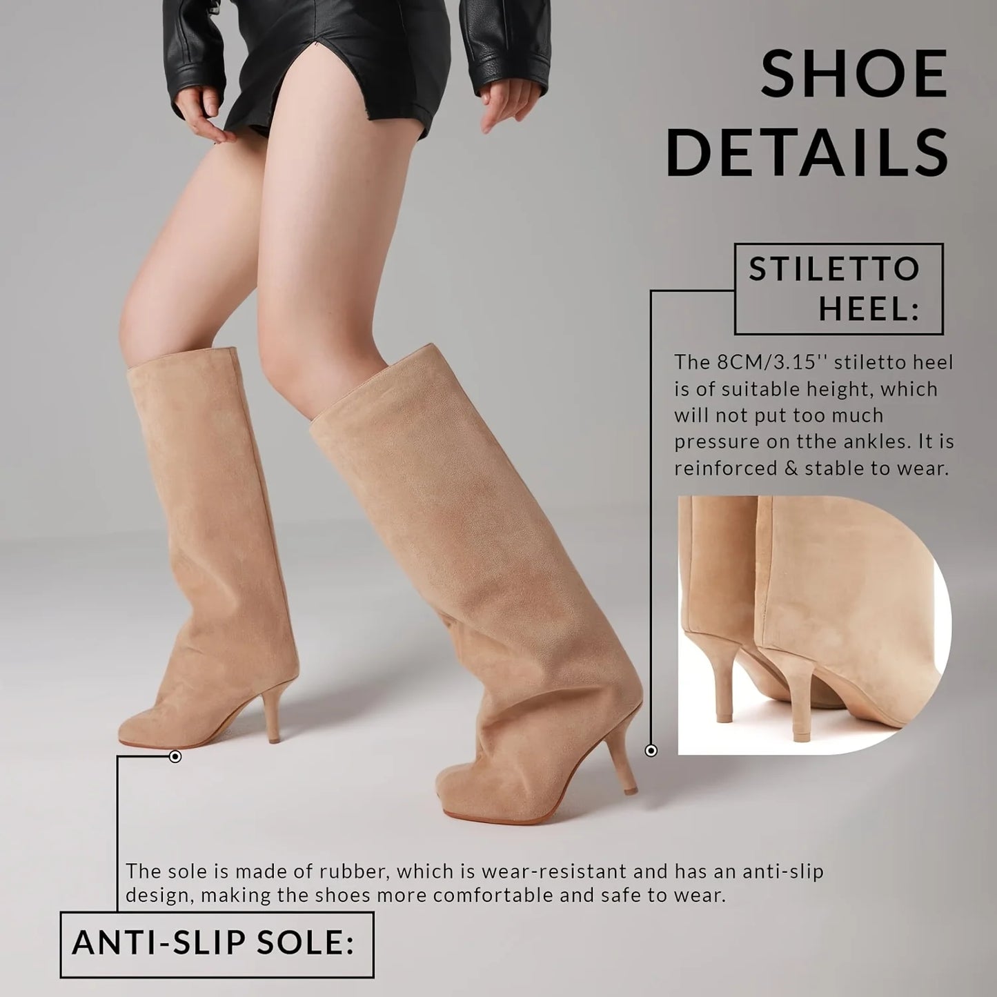 Women's Suede Knee High Boots Fashion Square Toe Stiletto Thin High Heels Pull On