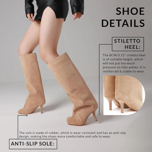 Women's Suede Knee High Boots Fashion Square Toe Stiletto Thin High Heels Pull On