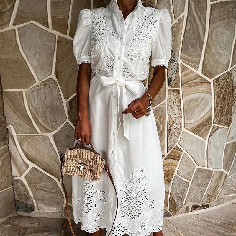 Elegant Embroidered Women Maxi Dress Chic Lapel Long Sleeve High Waist Lace Up Dresses