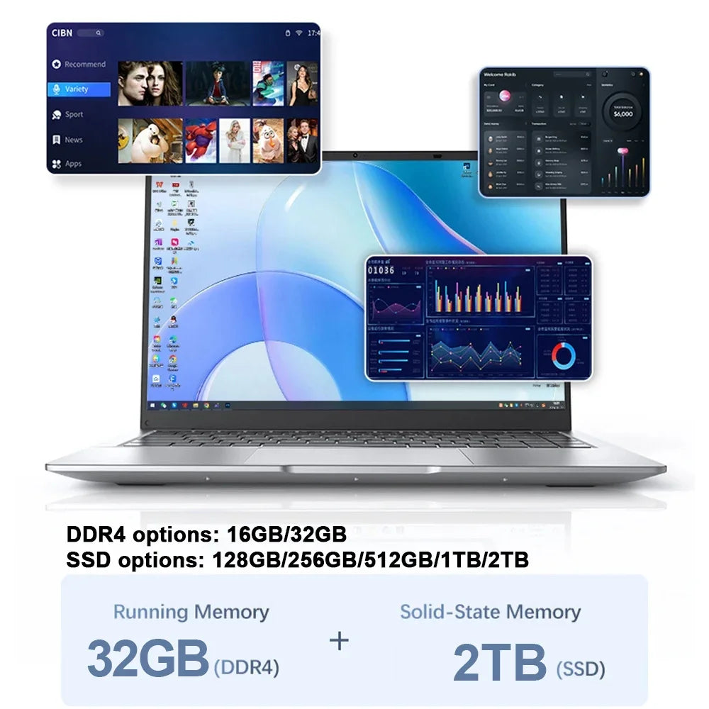 14.1 Inch FHD Ultra Thin Laptop Intel N3700/4405U Win11 DDR4 16GB/32GB RAM 2TB SSD Portable Business Office Notebook PC