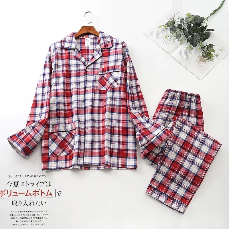 Spring Autumn Winter Long-sleeved Men's Trousers Pajama Set Suits Brushed Cloth Cotton Plaid